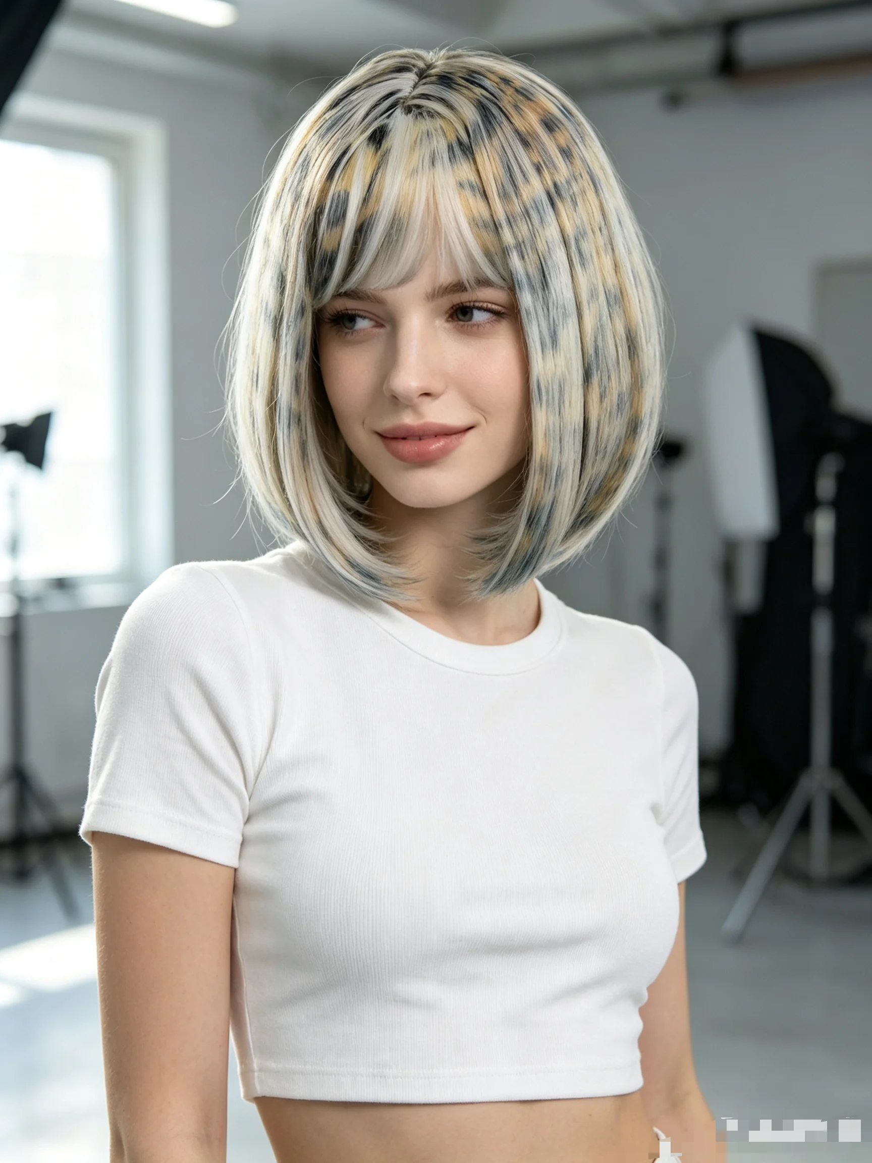 Leopard Print Short Bob Wig Synthetic Hair Straight Flat Bangs Cosplay Daily Costume Party Full Wigs for Women Girls