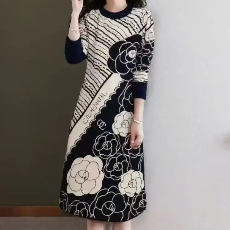 

Black Woolen Knitted Polka Dot Elegant Casual Pullovers for Ladies 2025 Korean Vintage Hepburn Dress Autumn Winter Sweater Dress