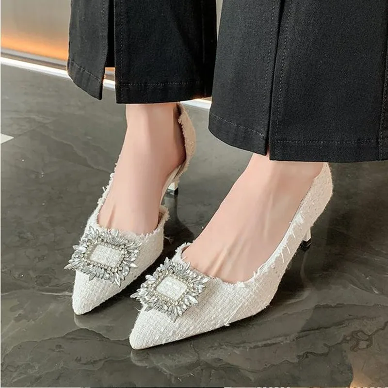 White Design Rhinestones Women Pumps Spring Fashion Pointed Toe Female Shallow High Heel Elegant Women\'s Work Dress Shoes