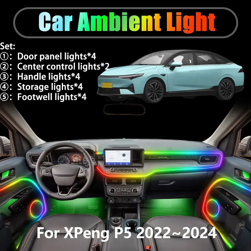 

For XPeng P5 2022~2024 2023 2/18 in 1 Car ambient lighting Led trunk interior led lights USB RGB Ensemble Streamer Auto Parts