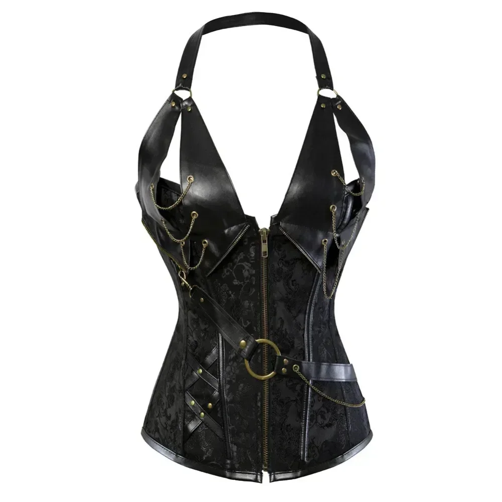 ผู้หญิงรัดตัว Steampunk หนัง Gothic Pirate Vintage Outerwear Corselet Burlesque Basque เครื่องแต่งกายชุดชั้นในสีดําสีน้ําตาล
