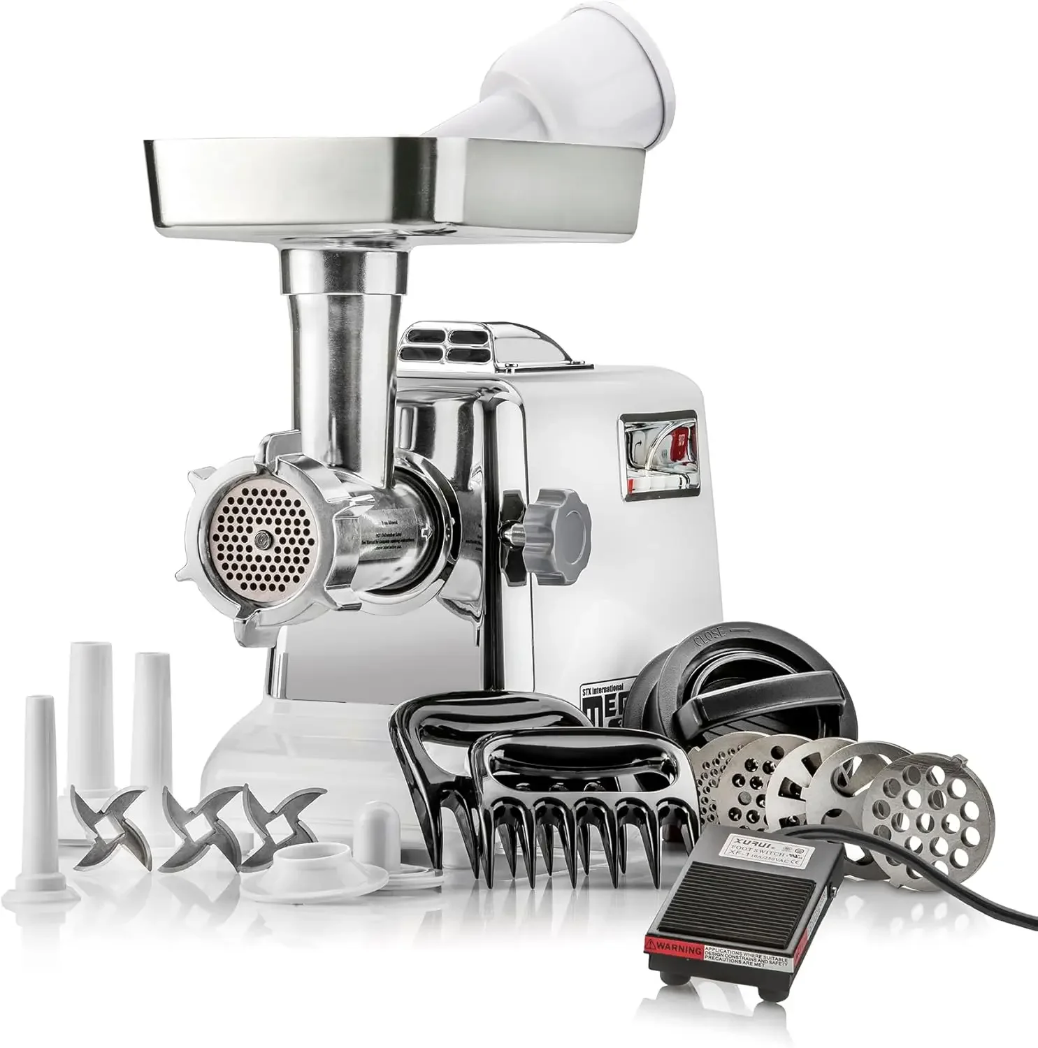 Megaforce 3000 Powerful Air Cooled 6-In-1 Heavy Duty Electric Meat Grinder with Foot Pedal • Sausage Stuffer • Kubbe Maker • Bur