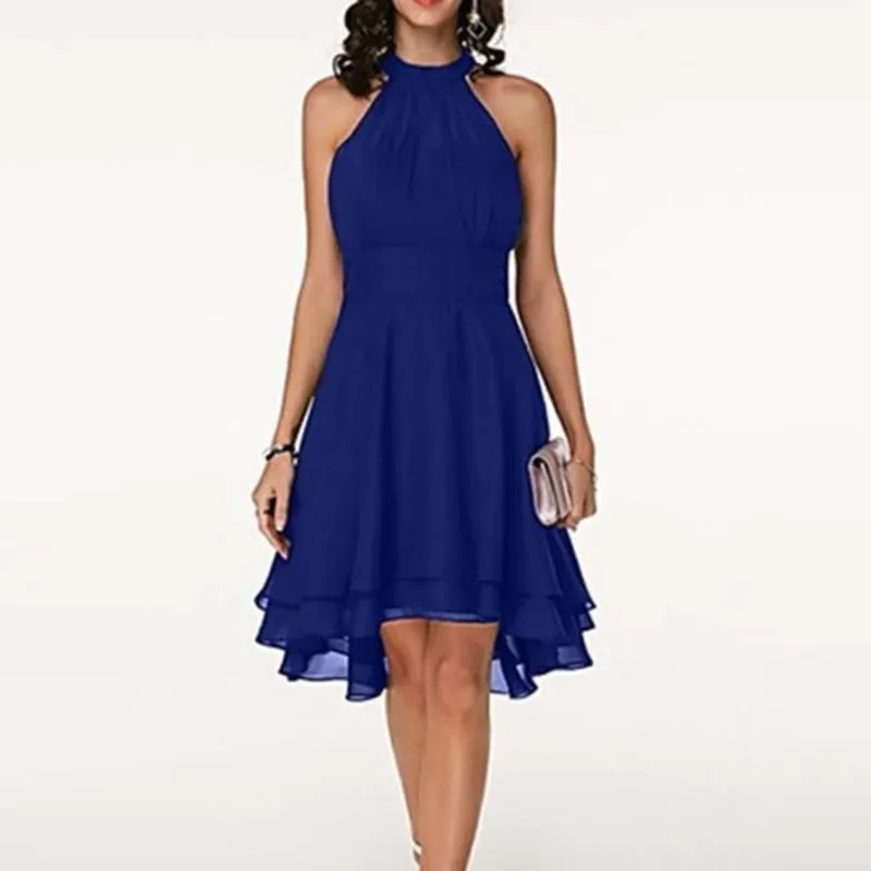 패션 여성 여름 높은 허리 쉬폰 드레스 우아한 민소매 불규칙한 밑단 여성 의류 여성을위한 저녁 파티 드레스