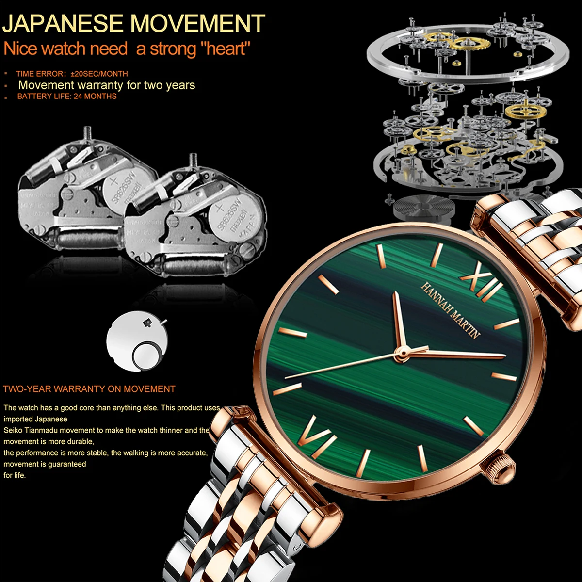ساعات بتصميم جديد لعام 2023 بمينا الملكيت الأخضر للسيدات بحركة كوارتز يابانية وحزام من الفولاذ المقاوم للصدأ ساعات مقاومة للماء للنساء