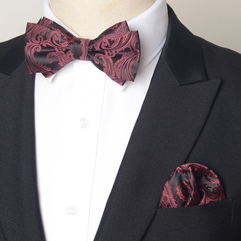 High Quality Deep Red Bow tie+Handkerchief Men's Gift Fashionable Butterfly Wedding Gift Banquet Shirt Accessories 100% Silk Tie