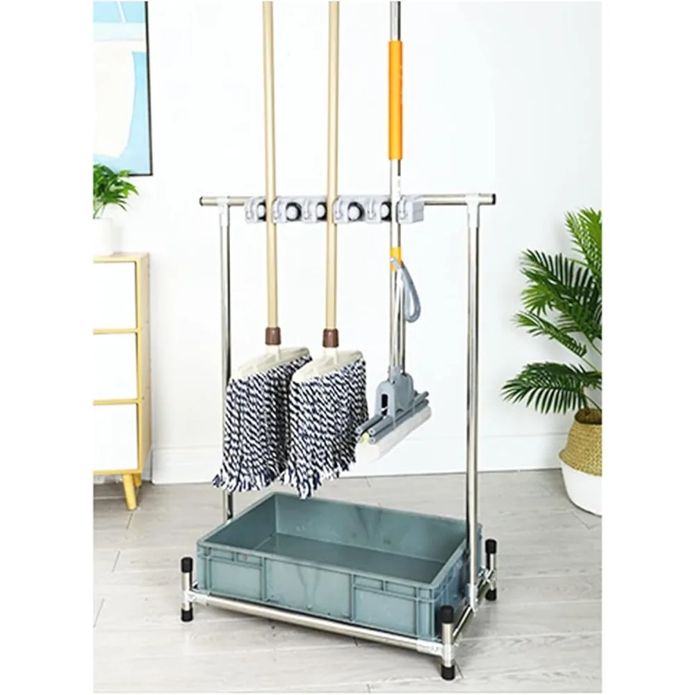 حامل مكنسة وممسحة من الفولاذ المقاوم للصدأ - عربة تنظيم أدوات التنظيف التجارية لتخزين الحديقة والمرآب