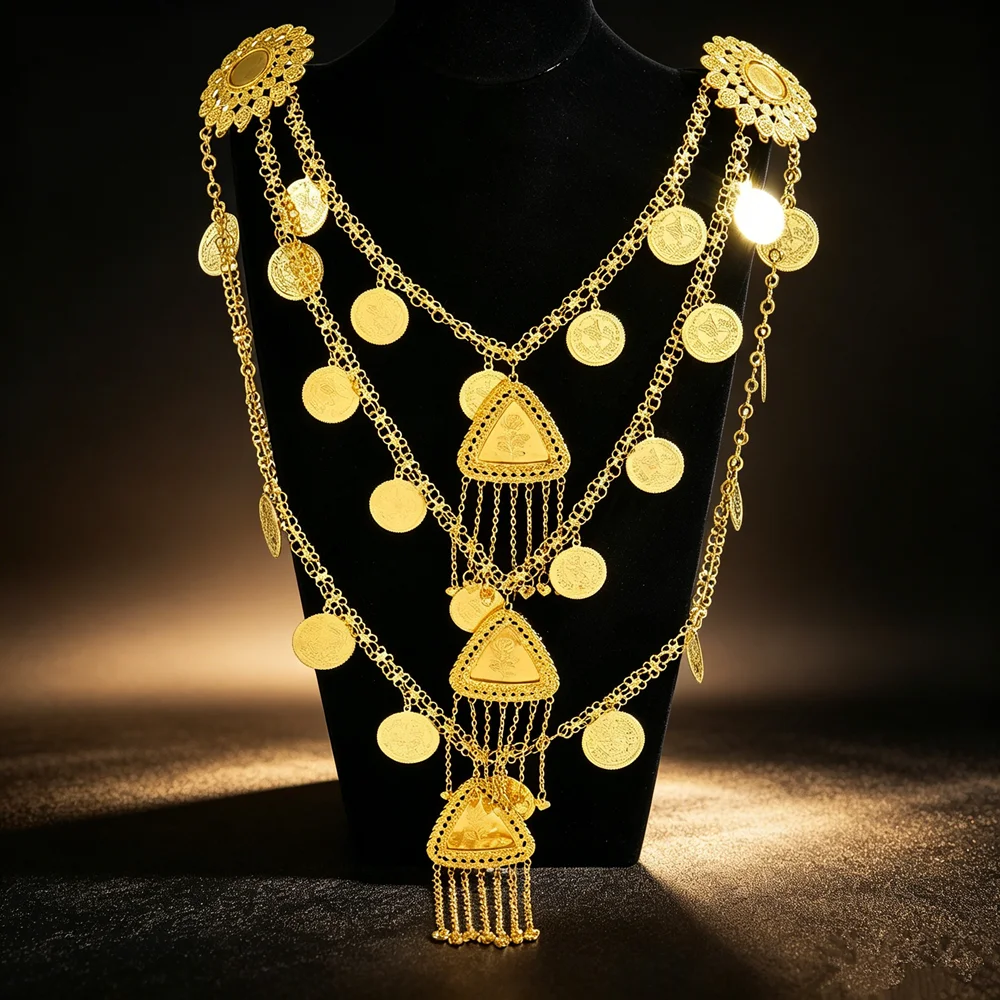 Retro Court Style Golden Multi-Layer Coin Pendant Necklace, Hollow Design For Festival