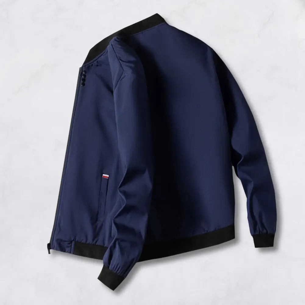 Men Jacket Men's Stand Collar Baseball Jacket with Zipper Placket Pockets Coat for Spring Fall Lightweight Elastic Hem Coat