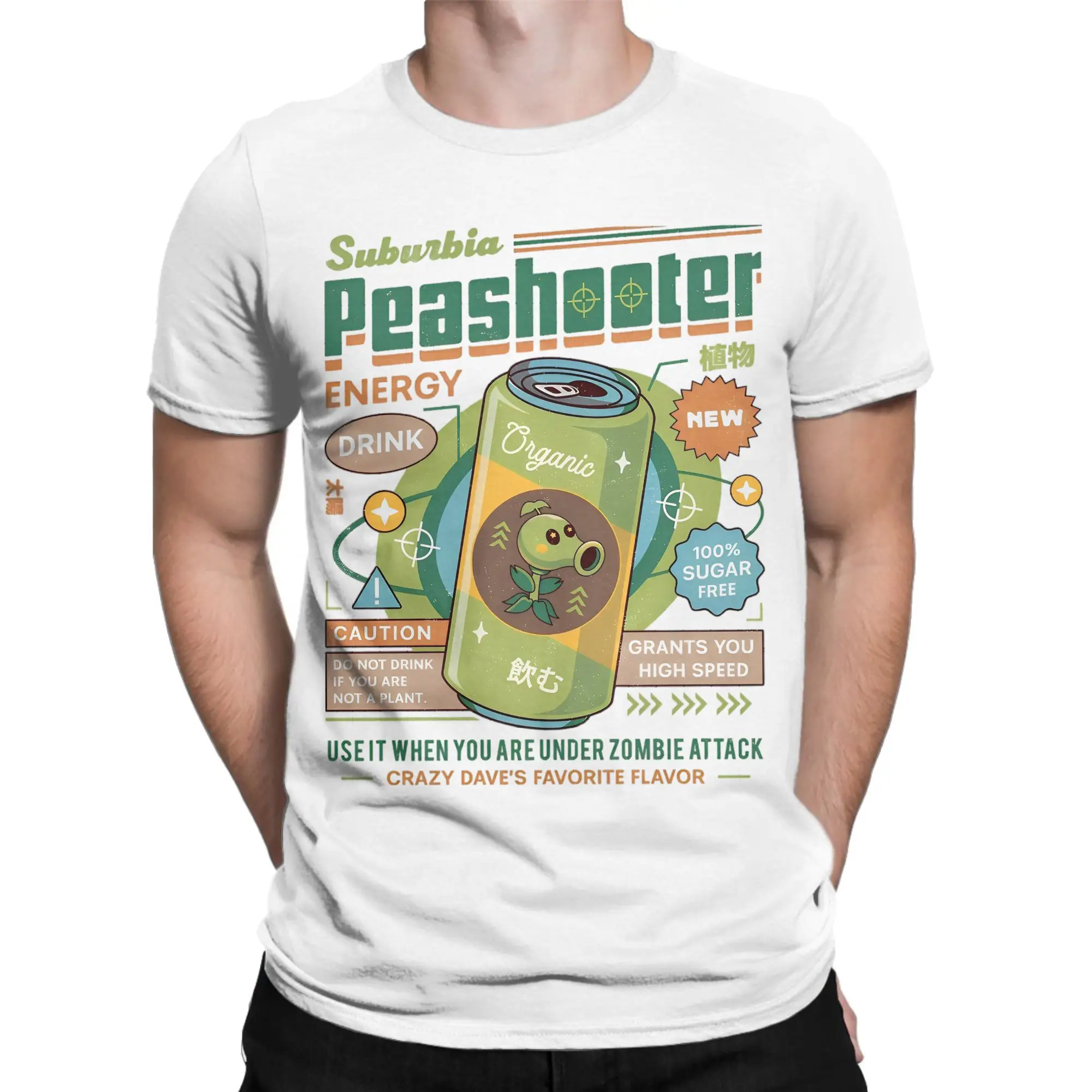 تي شيرت رجالي نباتات ضد الزومبي Peashooter مشروب الطاقة الجدة القطن تيز قصيرة الأكمام لعبة فيديو تي شيرت الملابس المطبوعة