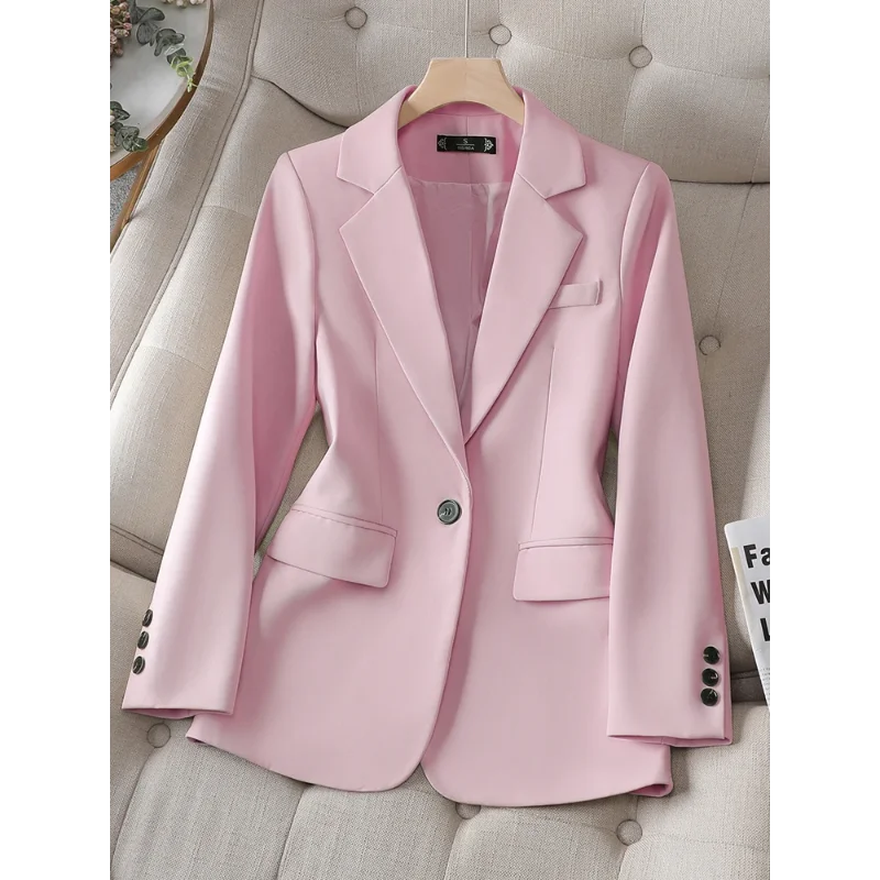 

Women Casual Blazer 2024 Autumn Winter Pink Apricot Black Long Sleeve Single Button Lady Business Work Wear Straight Jacket Coat