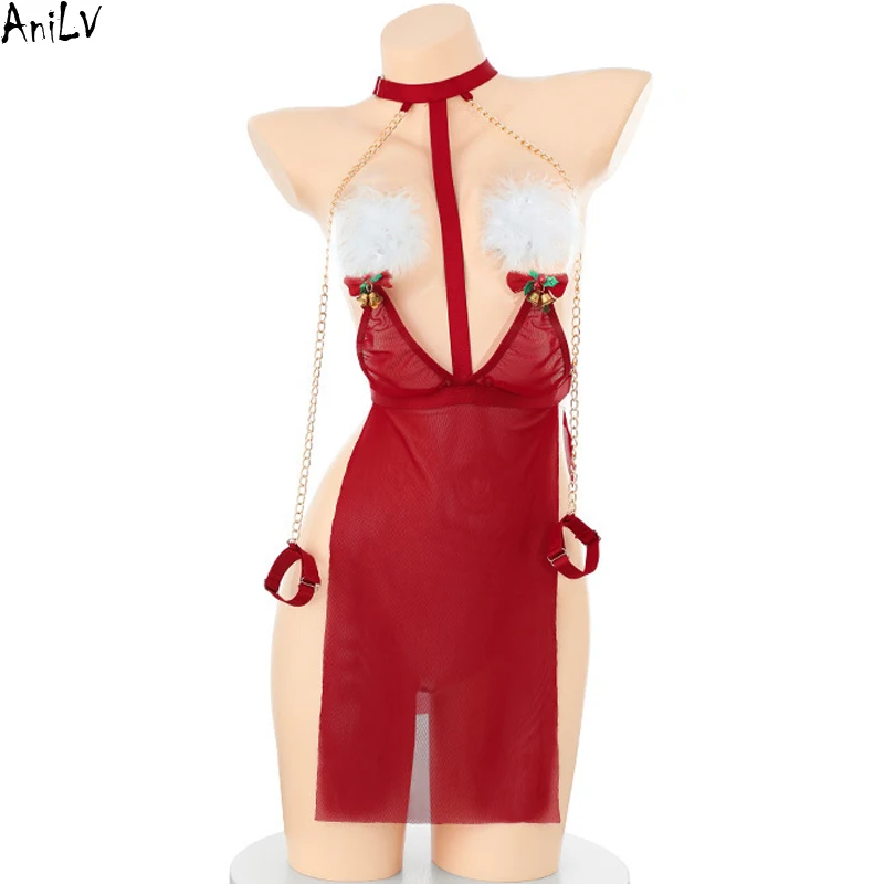 

AniLV Рождественское сексуальное женское белье, униформа, женская униформа с глубоким v-образным вырезом, пушистый колокольчик, зажим для сосков, красное платье, пижамы, эротические костюмы, косплей
