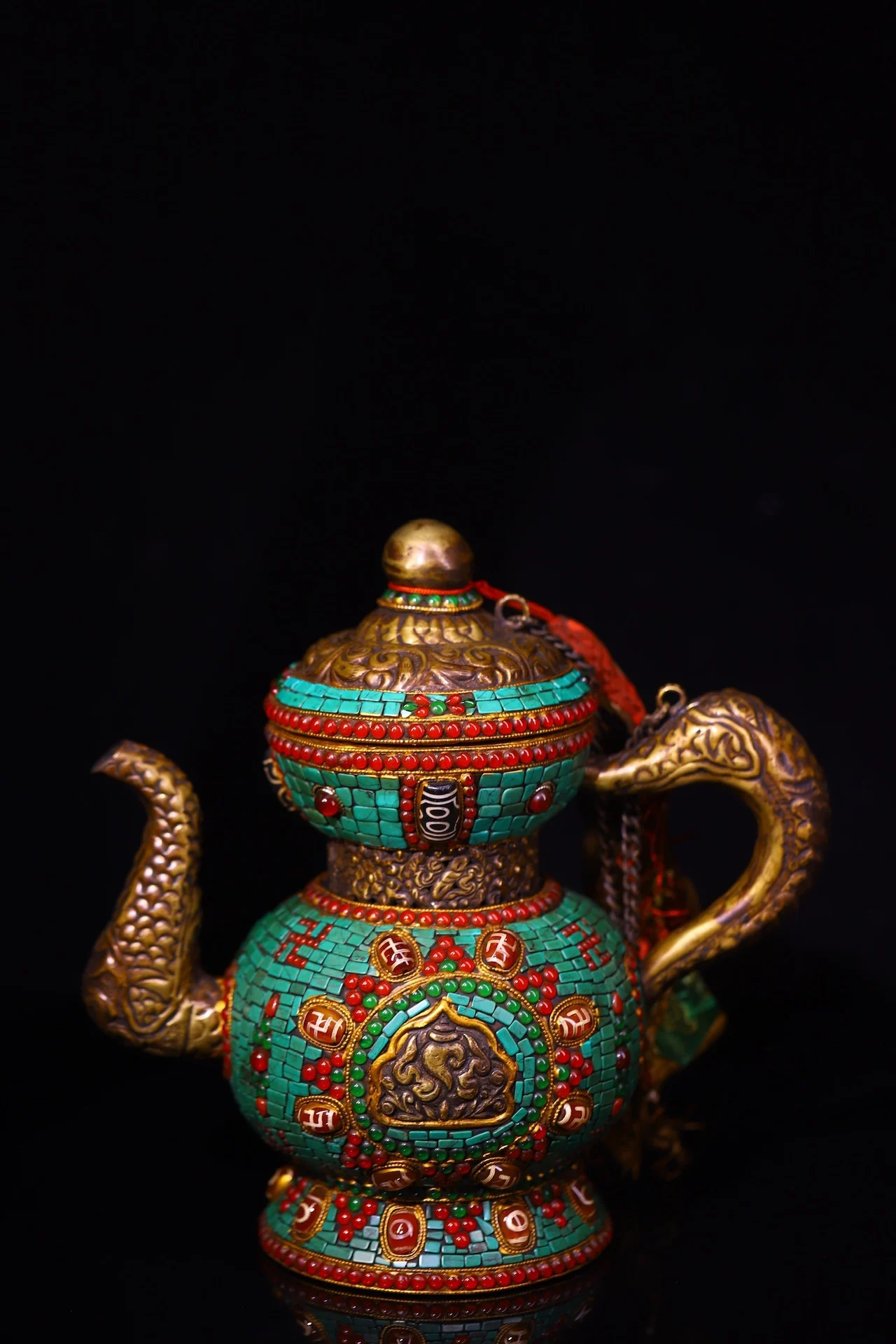 

9"Tibetan Temple Collection Old Bronze Mosaic Gem gZi Beads Turquoise Kettle Buddha Conch Wine Pot Teapot Butter Pot Town house