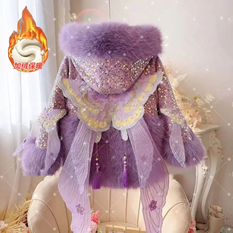 معطف شتوي لطيف على شكل فراشة لامعة دافئ بالإضافة إلى سترة سميكة من القطن المخملي للفتيات ملابس غير رسمية من الفرو الاصطناعي ملابس خارجية للثلج