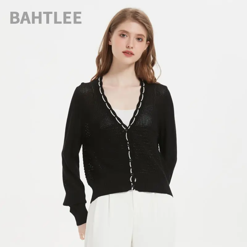 BAHTLEE-Merino Wool Knitted Cardigan for Women, V-neck Sweater, Long Sleeves, Weaving Design, Lace Up, Spring