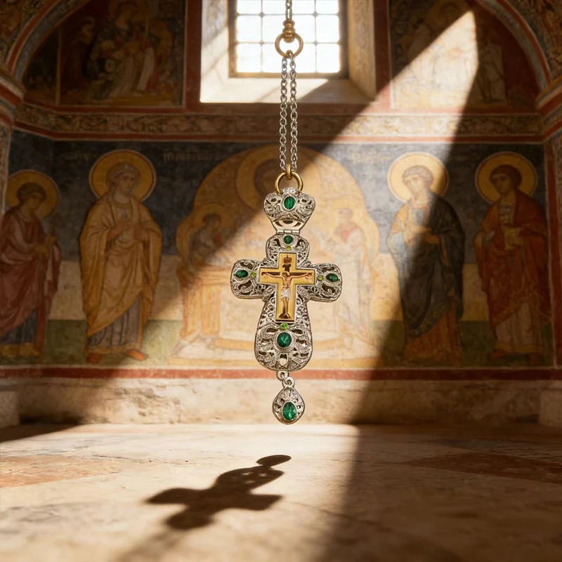 Neue 2026 Premium Zweifarbige Orthodoxe Kreuzkette mit Grünen Kristalldetails und Filigran-Verarbeitung für den täglichen spirituellen Gebrauch – Detail 14