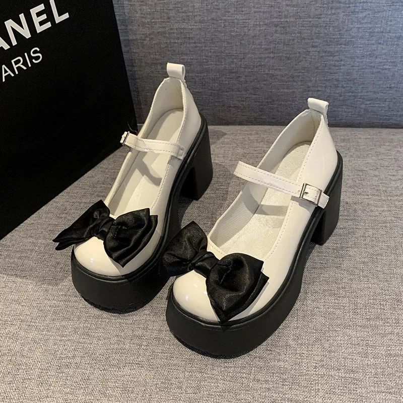 2024 Summer New Coarse Heel Mary Jane Single Shoes Fashion Bowknot Thick Heel Round Toe Pumps Trendy Street Lolita Shoes