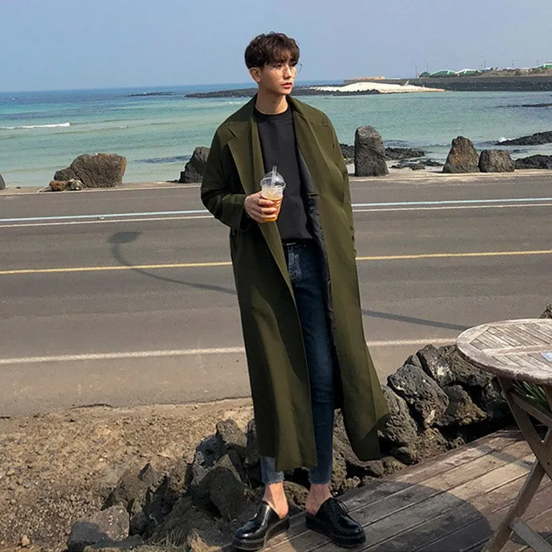 

Loose Men's Korean Sle Windbreaker Coat over Knee Length Mid-Length Faionable Student Long Coat Autumn Season Outerwear