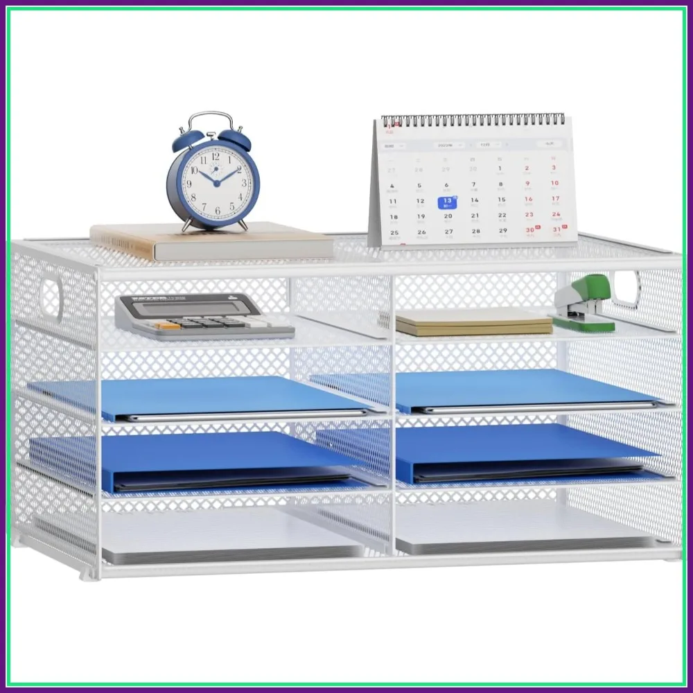 

8 Compartment Mesh Paper Organizer for Desk, Mail Sorter Tray with Handle, White