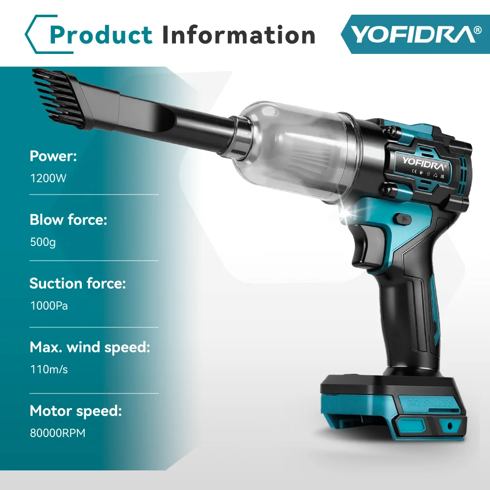 YOFIDRA 1200 واط 2IN1 منفاخ هواء كهربائي بدون فرشاة وشفط مروحة تربو لاسلكية أداة تنظيف الغبار والثلج لدبوس بطارية ماكيتا