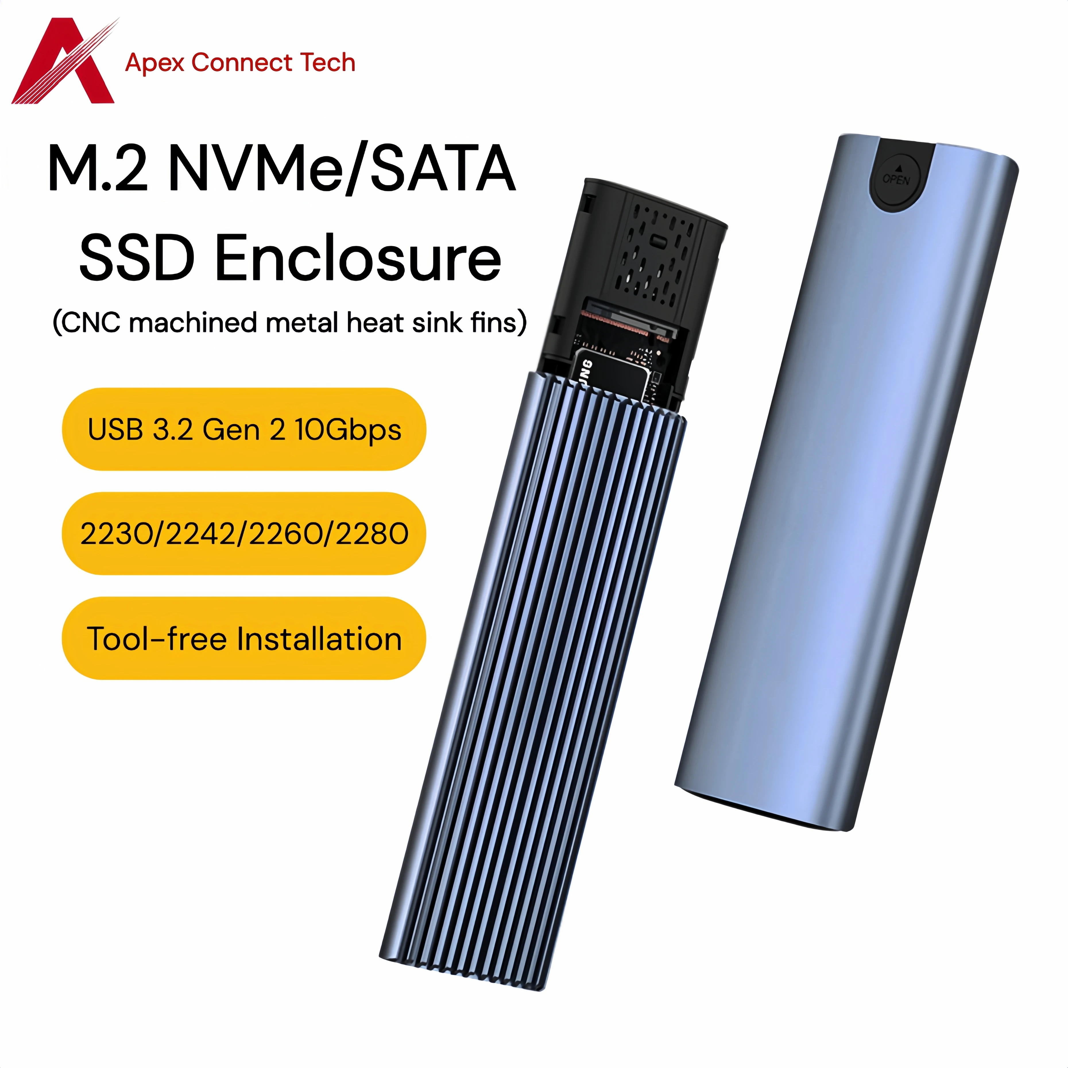Boîtier SSD M.2 NVMe SATA 10 Gbps, boîtier SSD 4 To, double protocole USB 3.2 Gen 2 Type C, boîtier externe en aluminium pour disque dur