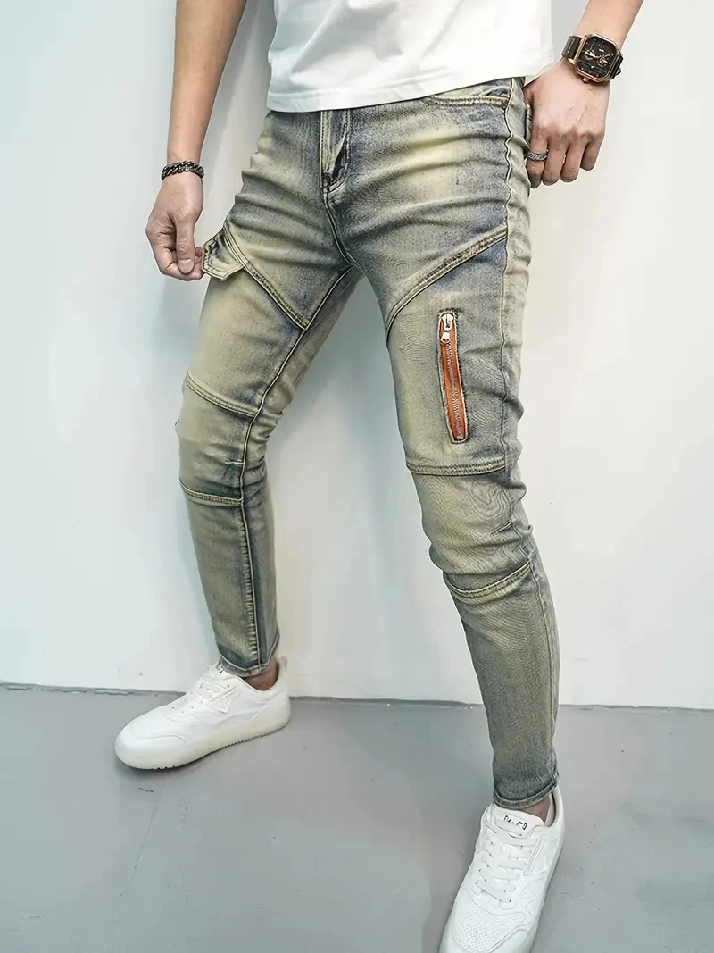 Männer Herbst Straße Elastische Denim Jeans Waschen Einfarbig Zipper Cargo Hosen Casual Slim Fit Täglichen Tragen Jogger Mittlere Taille Hose