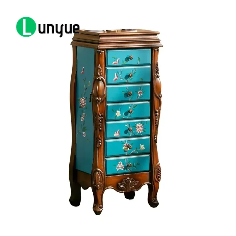 American Country Retro Luxury Classic Birch Solid Wood Dresser Hand Painted European Bedroom 7 Drawer Jewelry Cabinet Storage