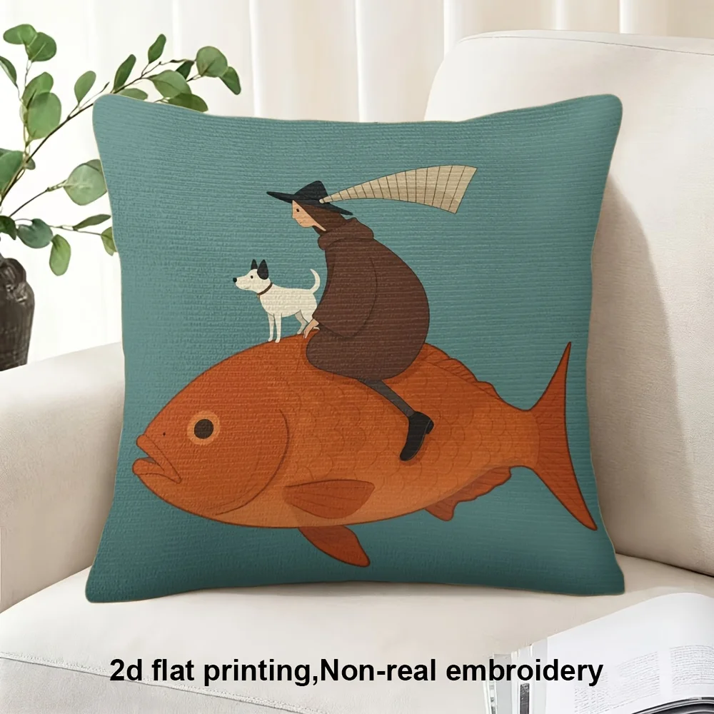 Whimsical Fish Rider Pillow Case, Funny Man & Dog Art Cushion Cover, Quirky Animal Illustration Decor for Sofa Living Room