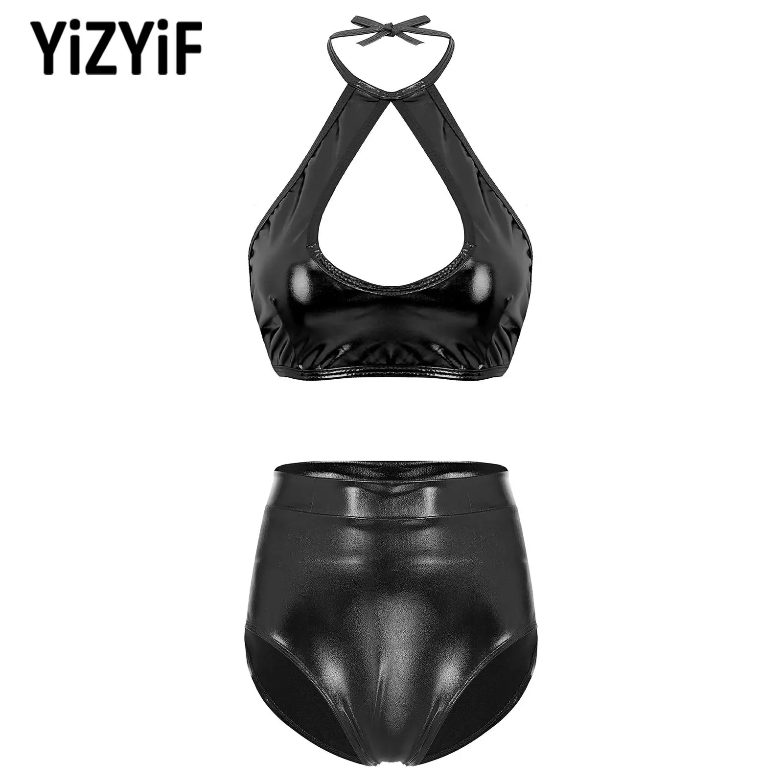 

Women Shiny Metallic Leather Pole Dancing Clubwear Sexy Sleeveless Backless Crop Top with Shorts for Party Music Festival Raves