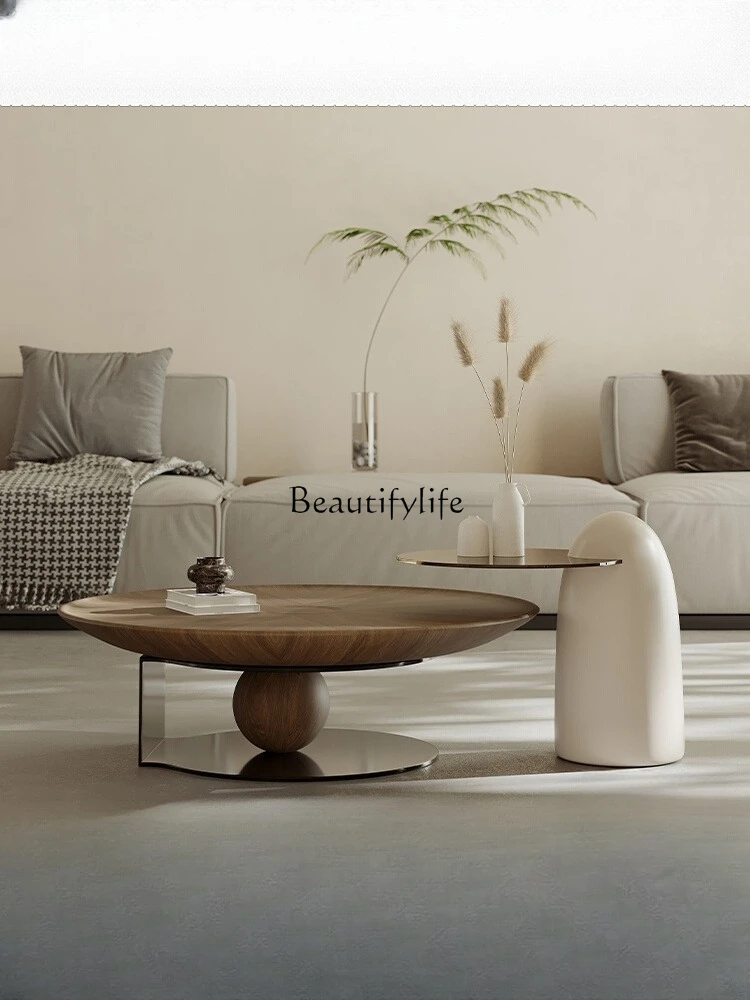 

Italian light luxury walnut leather round coffee table small apartment wabi sabi wind coffee table