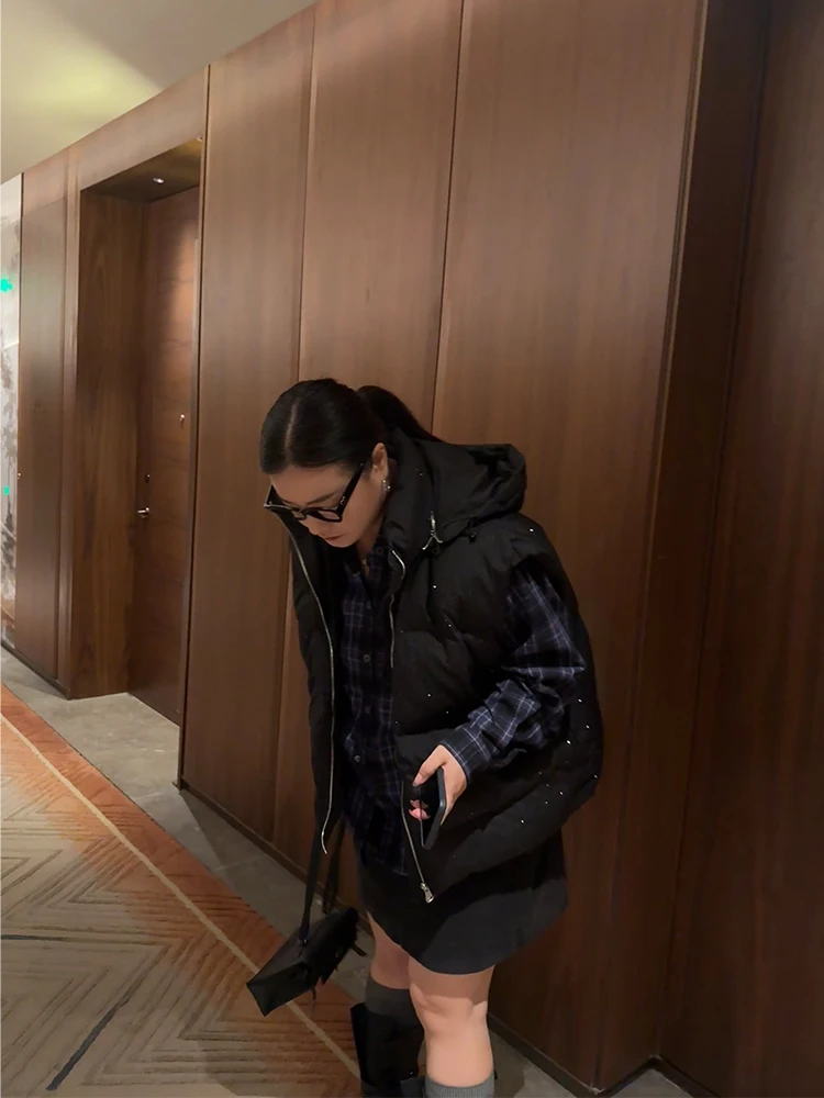 

Теплый хлопковый жилет с капюшоном и стразами, большой размер, женская модная верхняя одежда для повседневной носки, с завышенной талией