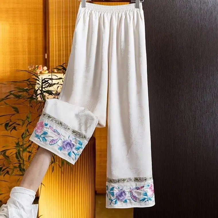 

New Chinese Style Embroidered Straight-leg Pants for Women with Loose Tassels and Elastic Waist