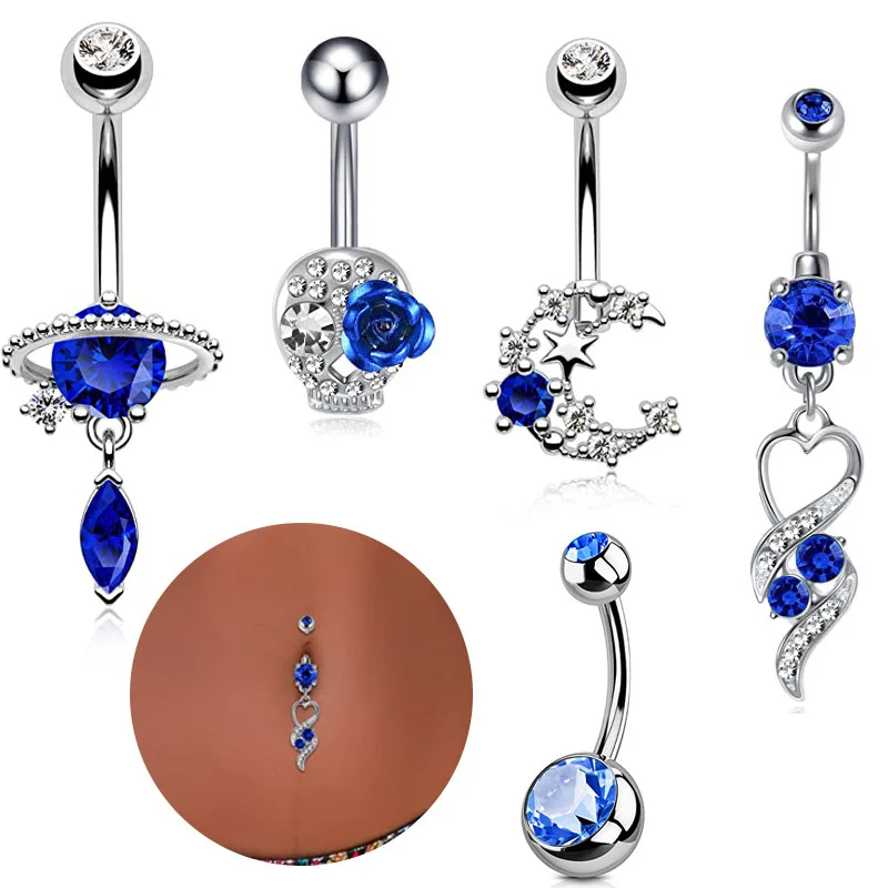 Honorable Blue Belly Button Zircon Belly Piercing Ring Sexy Navel Piercing Heart Belly Bar Navel Piercing for Women Ombligo