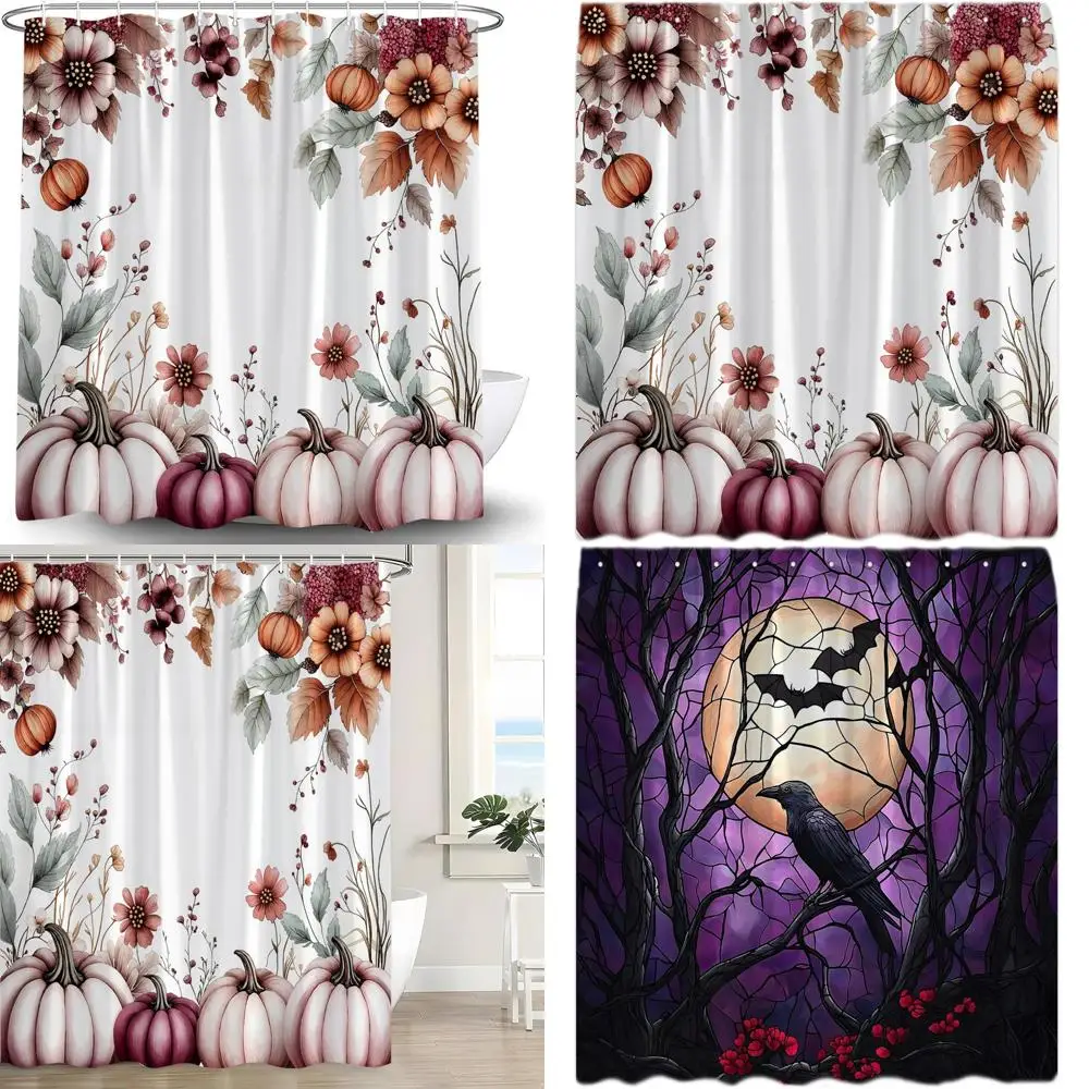 

занавеска для душа «Осенний урожай»: акварель из тыквы и кленового листа оранжевого, розового и бордового цвета.