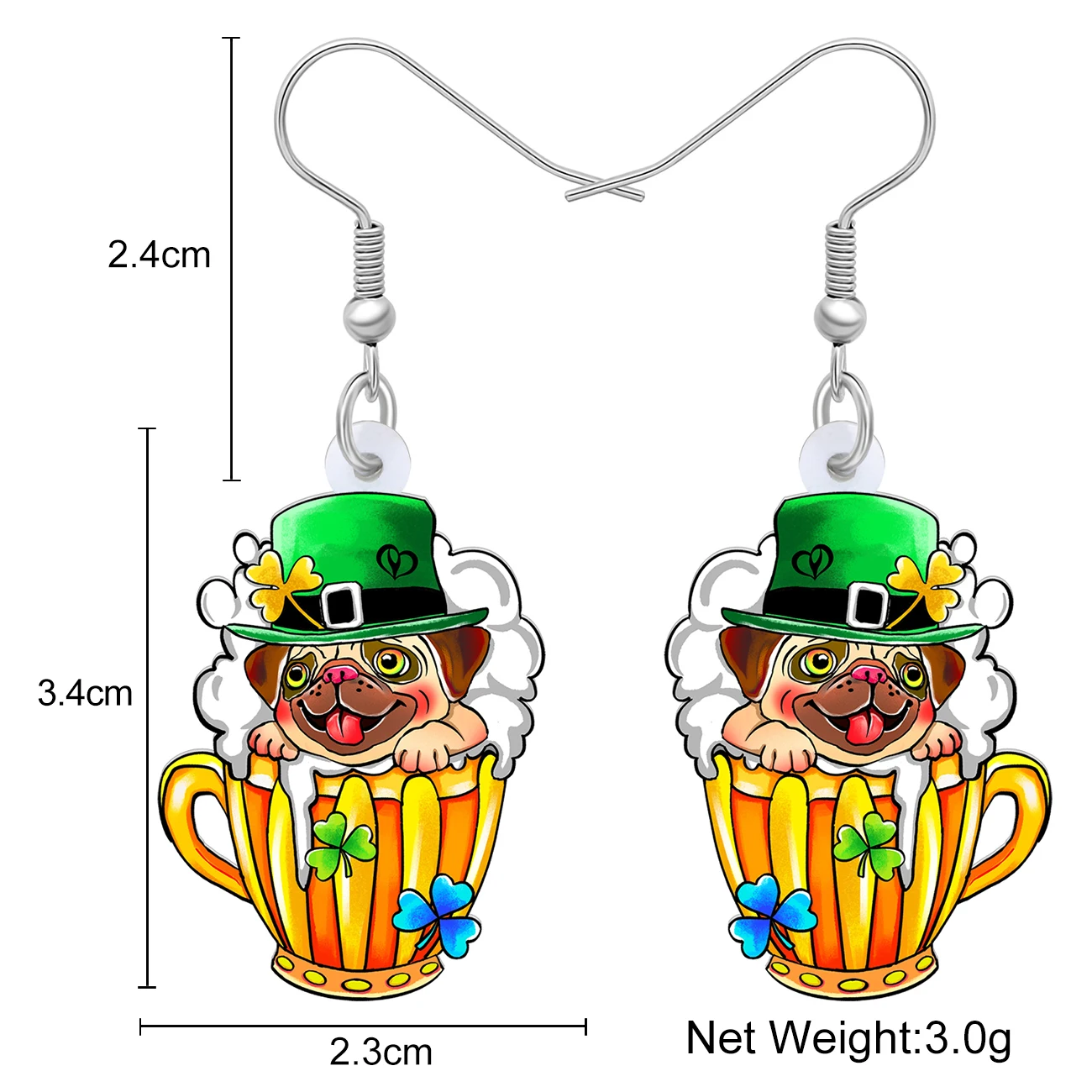 BONSNY Acrylic St Patricks Day Pug Dog Earrings Lucky Green Hat Shamrock Animal Irish Jewelry Good Luck Gifts For Women Drinkers - view 5