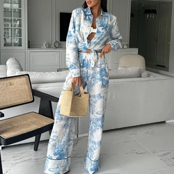 Women's Elegant Long Sleeve Loose 2 Piece Set New Autumn Pattern Printed Shirt Suit Casual Elastic Waist Straight Pants Outfit