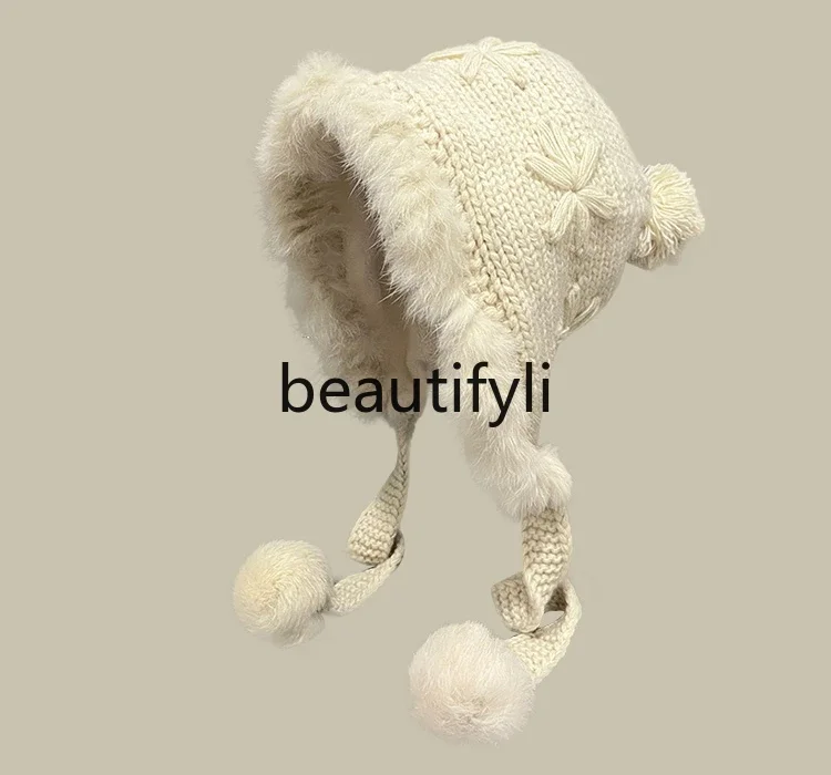 Hand-knitted sweet winter cute hairball wool hat thermal ear cap