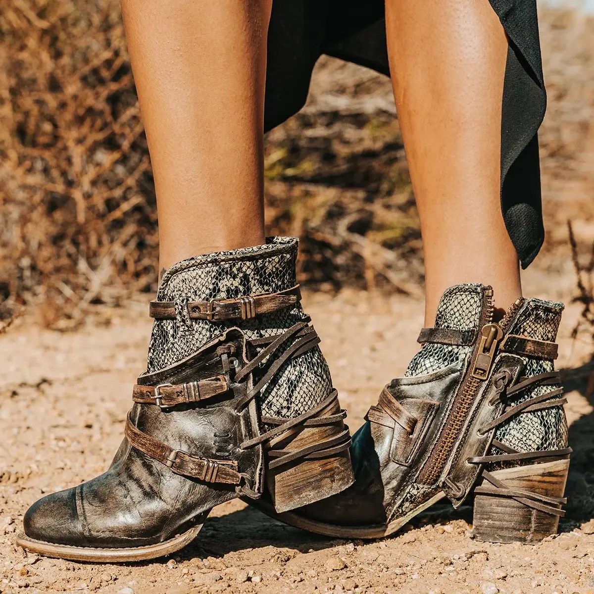 

Alligator Pattern Leather Short Boots For Women Gary Black Patchwork Colors Three Belts Buckles Round Toe Botas Female Mid Heels