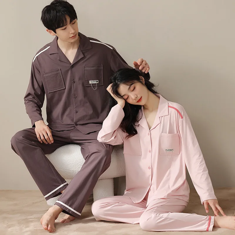 Autumn Winter New Couple Pajamas Long-sleeved Models of Women\'s Simple Leisure Men\'s Cardigan Homewear Suit Can Be Worn Outside