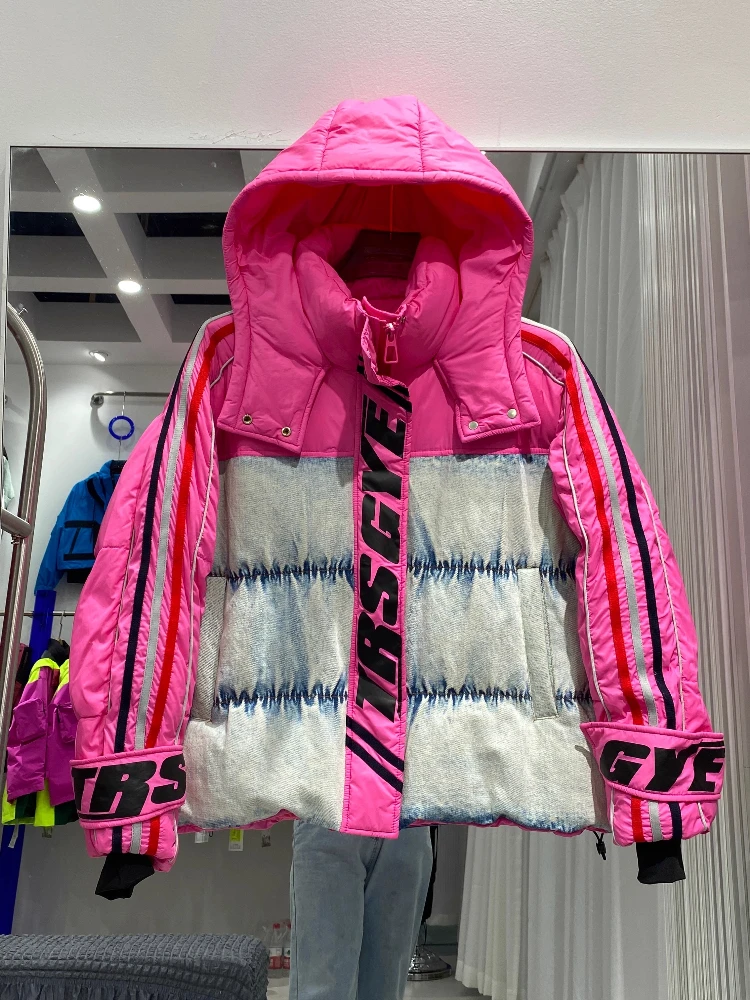 2025 Winter Down Jacket Women Denim Splicing Contrast Color Letter Parkers Thick White Duck Puffer Coat Short Trendy Commute Top