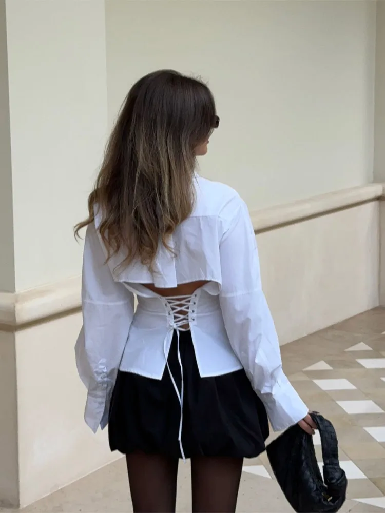 Elegant Bandage Backless Lace-up Single Breasted Shirts Women Fashion Solid Long Sleeve Tops 2025 Spring New Streetwear Blazers