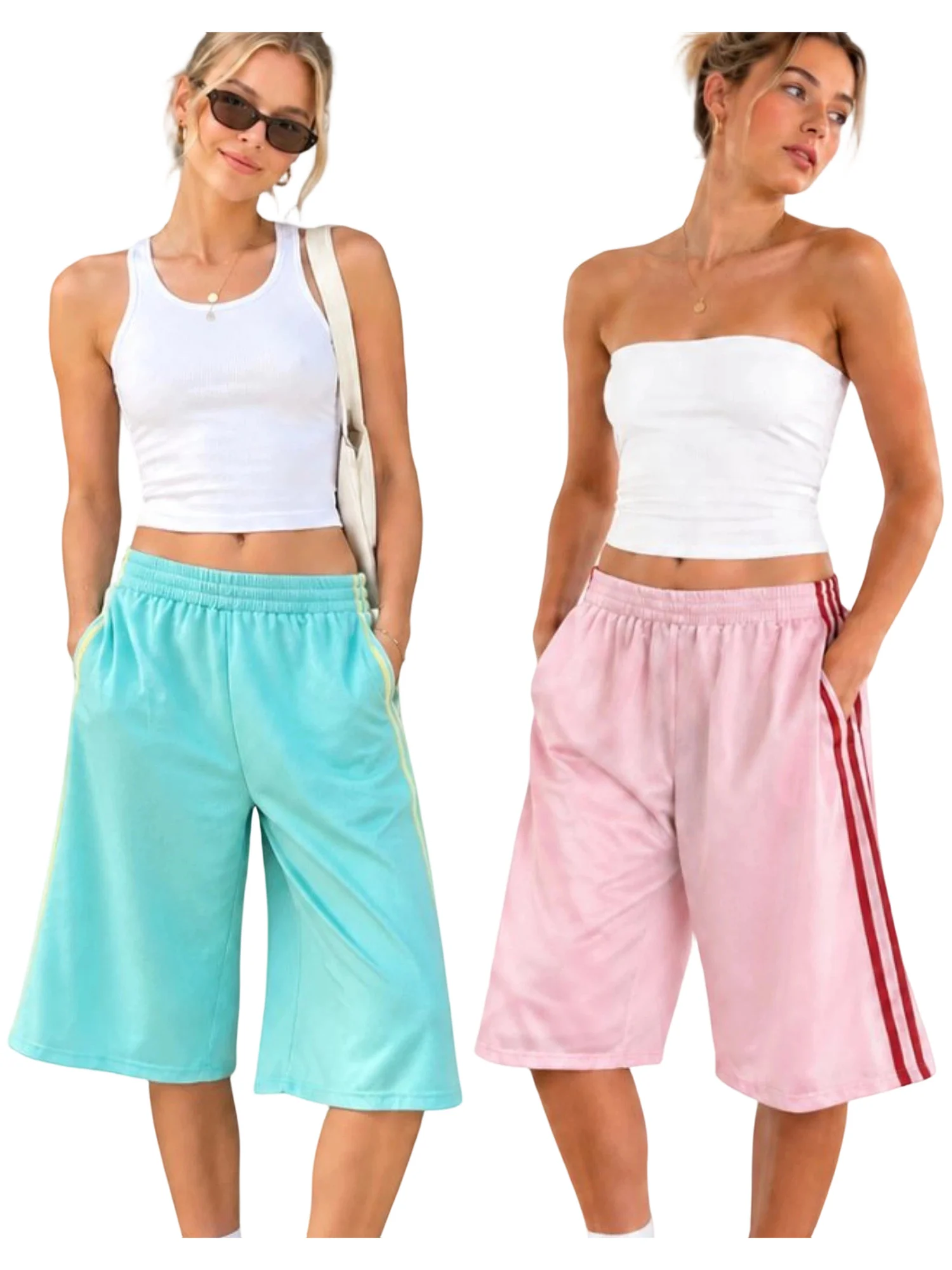 Leg-Capri Stripes Print Capri Pants Elastic Waist Stripes Capri Pants S Wide Bermuda S Wide Leg Lightweight Leg-Capri Stripes