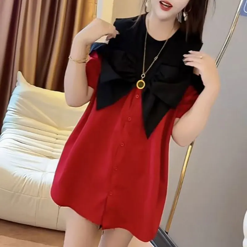 Sweet Bow Off Shoulder Shirt Summer Fashion Patchwork Female Clothing Commute Single-breasted Casual Korean Round Neck Blouse