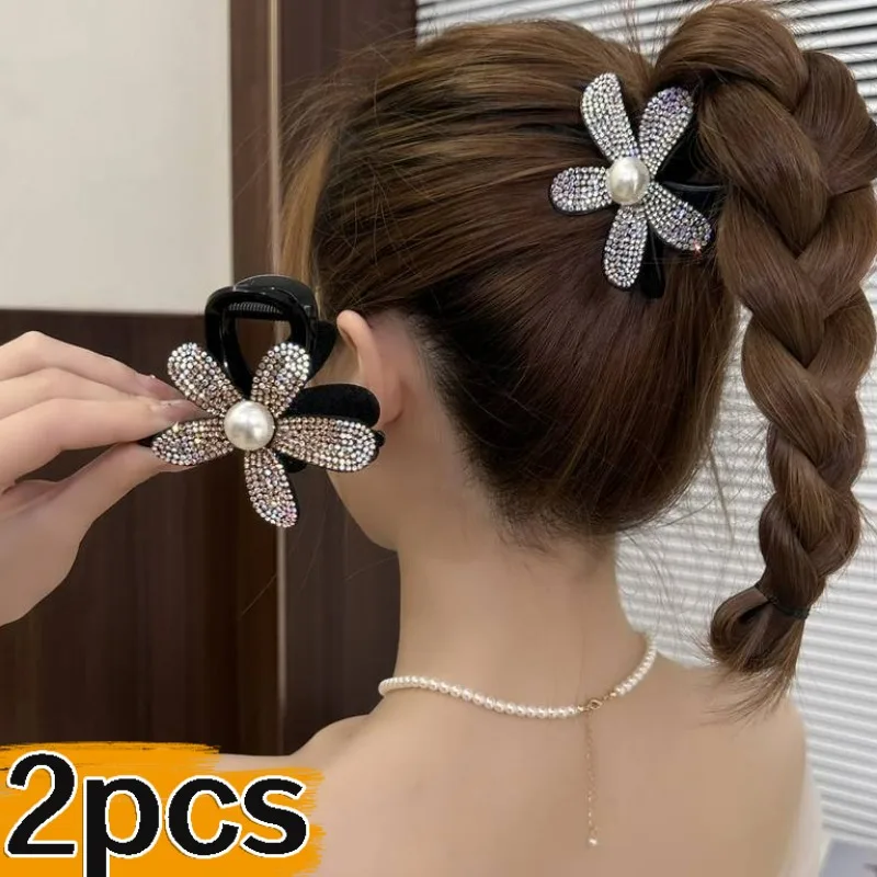 Diamond Pearl Flower Shark Clip Women Sweet Cute Side Clip Hairpins Fashion Grace Zircon Headwear Pearl Small Hair Clip Party