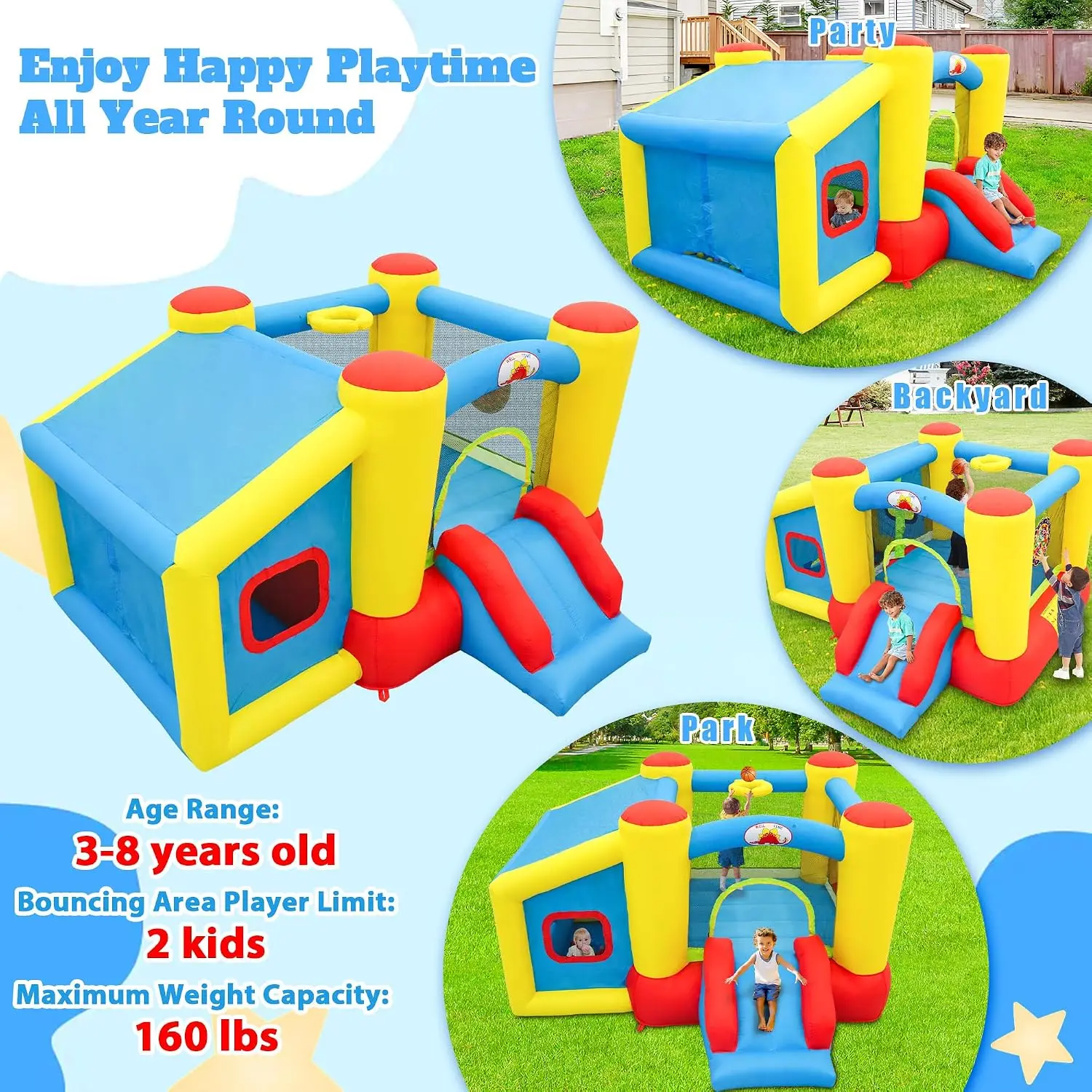 Inflatable Bounce House with Blower, Bouncy Castle & Jumping Castle Slide, Kids Bouncer with Ball Pit, Basketball Rim, Dart Targ