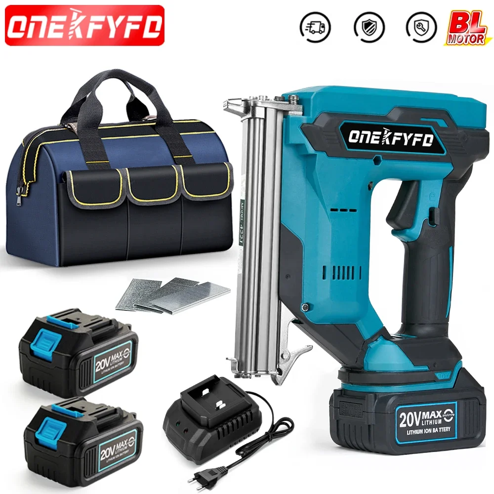 

ONEKFYFD Brushless Electric Nail Gun 422J Stapler Nailer Woodworking Lithium Battery + 1set Nails for 18v Makita Battery