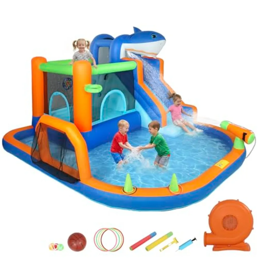 

8 in 1 Inflatable Bounce House for Backyard Party, Blue Sharks Theme Water Slide with Splash Pool Climbing Wall Basketball Hoop