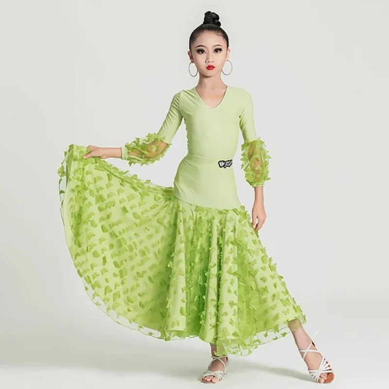 

Kids Girls Modern Dance Chiffon Mesh Waltz Social Dance V-neck Jumpsuit and Ruffles Large Skirt Dancewear Ballroom Costumes