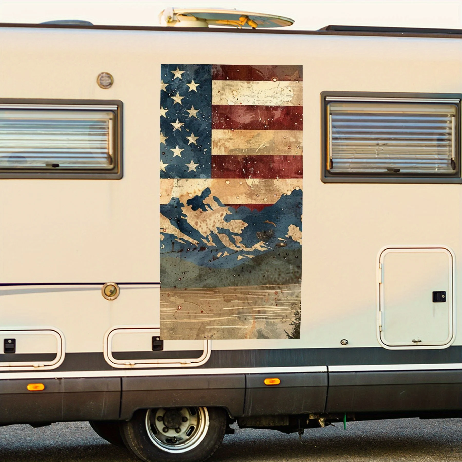 

Винтажная наклейка с американским флагом и горным автофургоном в классическом стиле на движении. Виниловая наклейка для двери автомобиля на колесах, водонепроницаемая самоклеящаяся