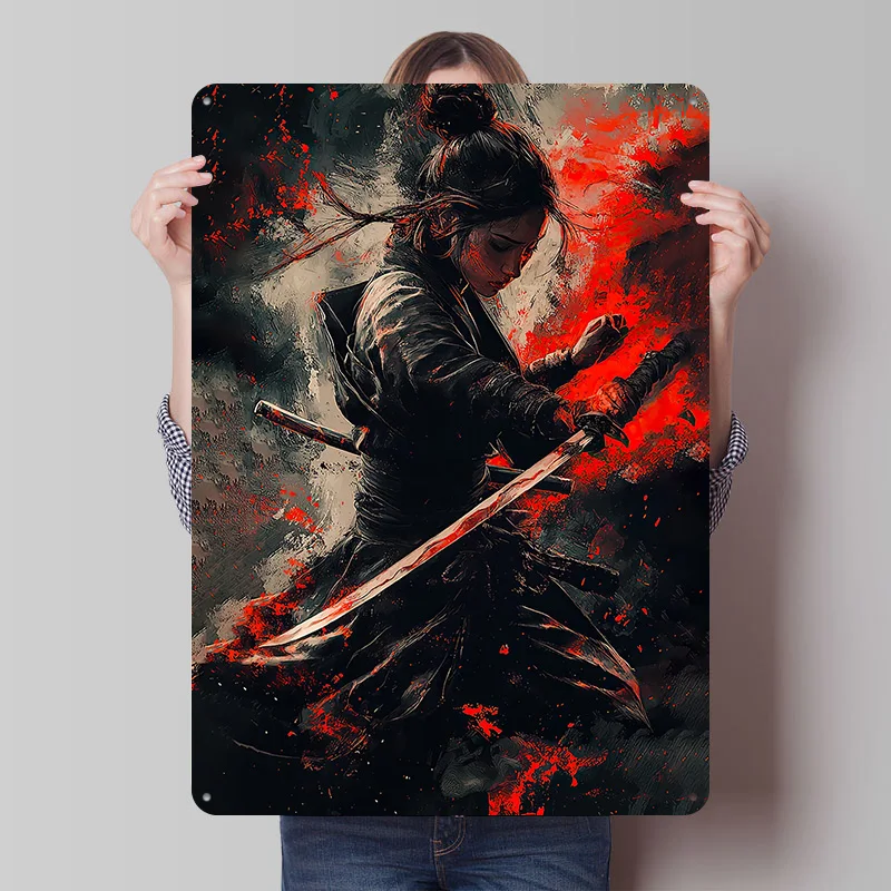 Samurai-Frau mit Schwert Metallposter Individuelle Wandkunst Retro Vintage Blechschilder für Männerhöhle Heim und Dekoration Gaming-Raum