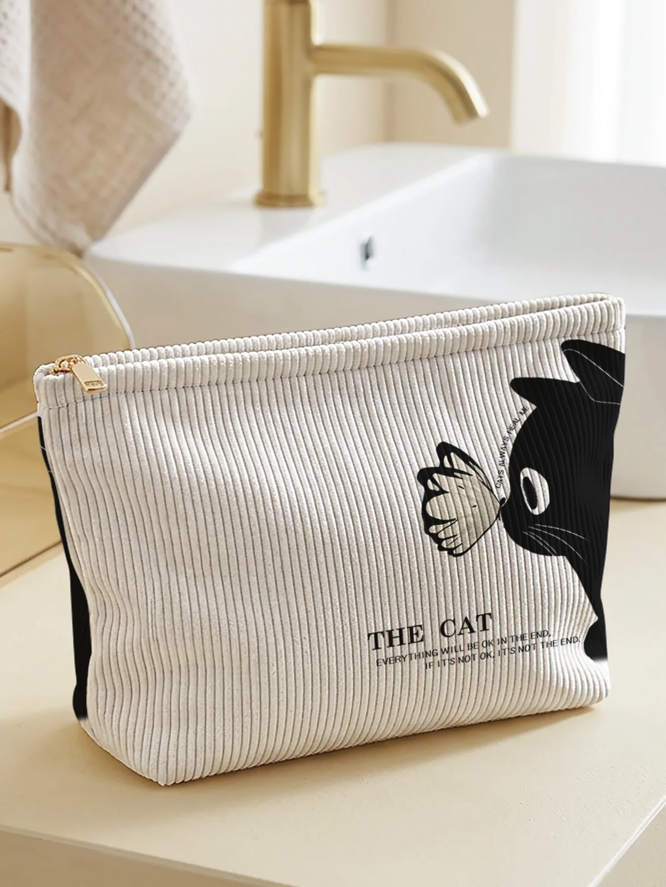 Black cat butterfly letter print corduroy makeup bag, lightweight zipper pouch, multi-purpose lined cosmetic storage bag